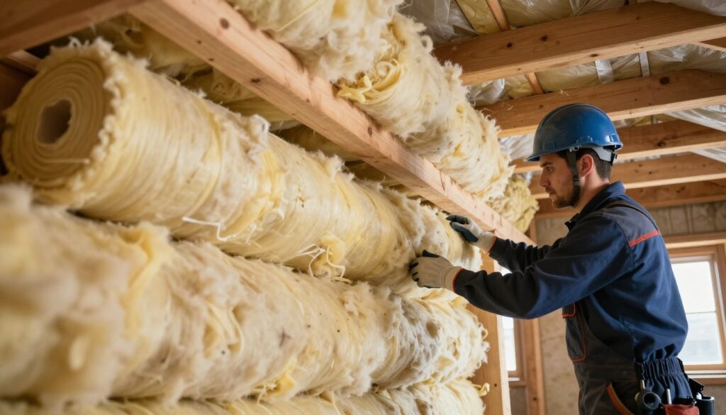 A cozy attic space being insulated with high-quality wool insulation material. In the foreground, a professional contractor wearing a safety helmet and work gloves is meticulously laying out rolls of insulation on the sloped wooden beams of the roof. The middle layer features the soft, fluffy texture of the wool insulation, showcasing its thickness and warmth. The background reveals a partially completed ceiling adorned with vapor barriers and wooden rafters, allowing a glimpse of natural light filtering through small windows. The overall mood is one of diligence and comfort, highlighting the importance of proper insulation in a home. The scene is well-lit, emphasizing the textures and materials used in insulation. The angle is slightly elevated to capture both the contractor's focused expression and the detailed layers of insulation work being done.