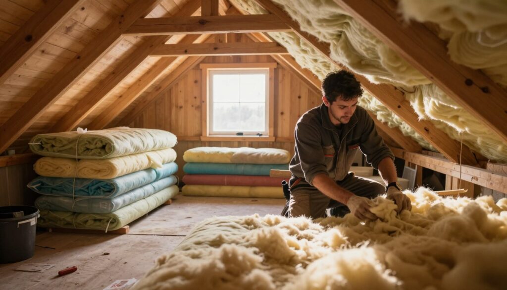 A cozy attic space being insulated with modern materials like wool and PUR foam. In the foreground, a professional technician in modest work attire is applying insulation between the wooden beams of the roof. In the middle ground, stacks of insulation materials are neatly arranged, showcasing textures and colors of wool and spray foam. The background features a softly lit attic window allowing warm, natural light to filter in, casting gentle shadows across the room. The atmosphere is calm and focused, emphasizing the practicality of home improvement, with tools and equipment subtly included. The lens is slightly wide-angle, showcasing the overall scene while maintaining a clear focus on the insulation process.