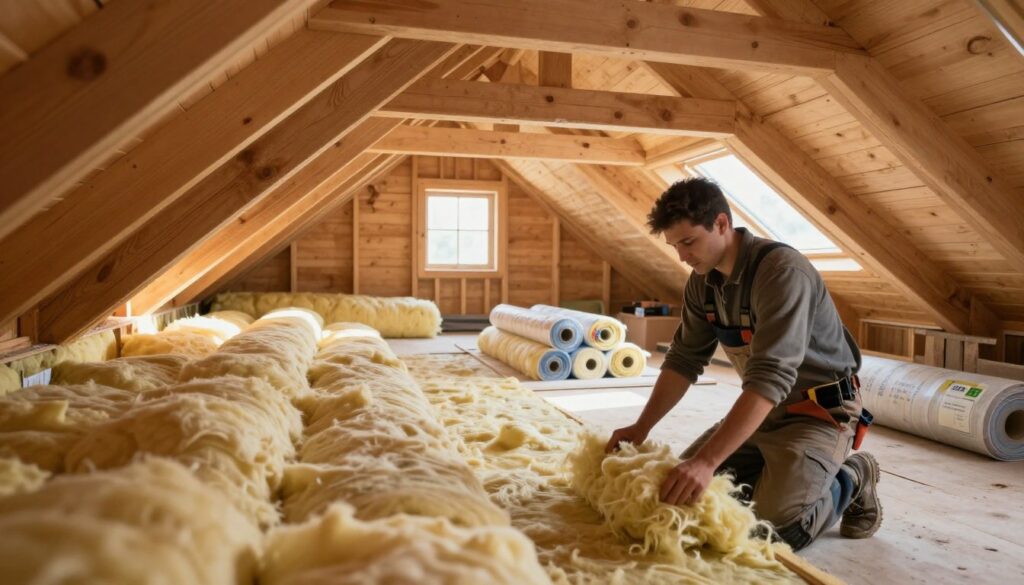 A cozy attic space undergoing insulation is the focal point of the image. In the foreground, a professional contractor in modest casual clothing is carefully installing fiberglass insulation between wooden beams. The middle layer features an array of insulation materials, showcasing rolls of wool and foam spray, with labels visible for clarity. The background reveals a well-lit attic with natural light streaming through a small, rectangular window, creating a warm and inviting atmosphere. The overall mood is industrious yet comfortable, emphasizing efficiency and home improvement. The scene should be captured with a wide-angle lens, highlighting the spaciousness of the attic while maintaining focus on the insulation work being done.