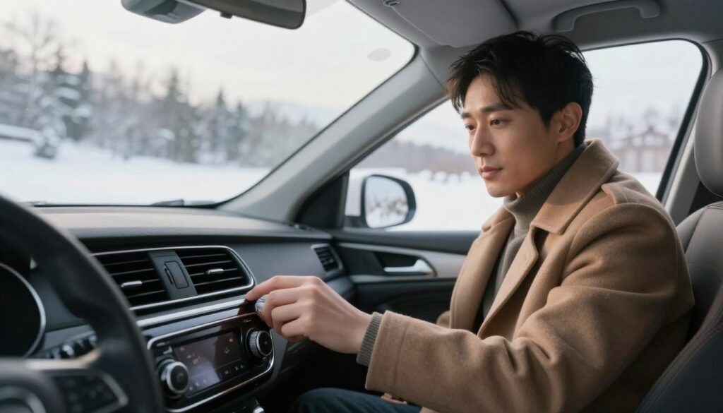 A cozy car interior in winter, featuring a well-dressed driver adjusting the car's air conditioning, showcasing a clear focus on the control panel. The foreground highlights the driver's hand on the dial, while the middle ground displays the driver with a thoughtful expression, dressed in a smart winter coat. The background captures a snowy landscape through the car windows, with soft, diffused daylight illuminating the scene, creating a warm yet serene atmosphere. The image should evoke a sense of comfort and safety, emphasizing the importance of using air conditioning in winter. The lens perspective is slightly tilted to enhance the dynamic feel of the scene, while maintaining a crisp overall focus.