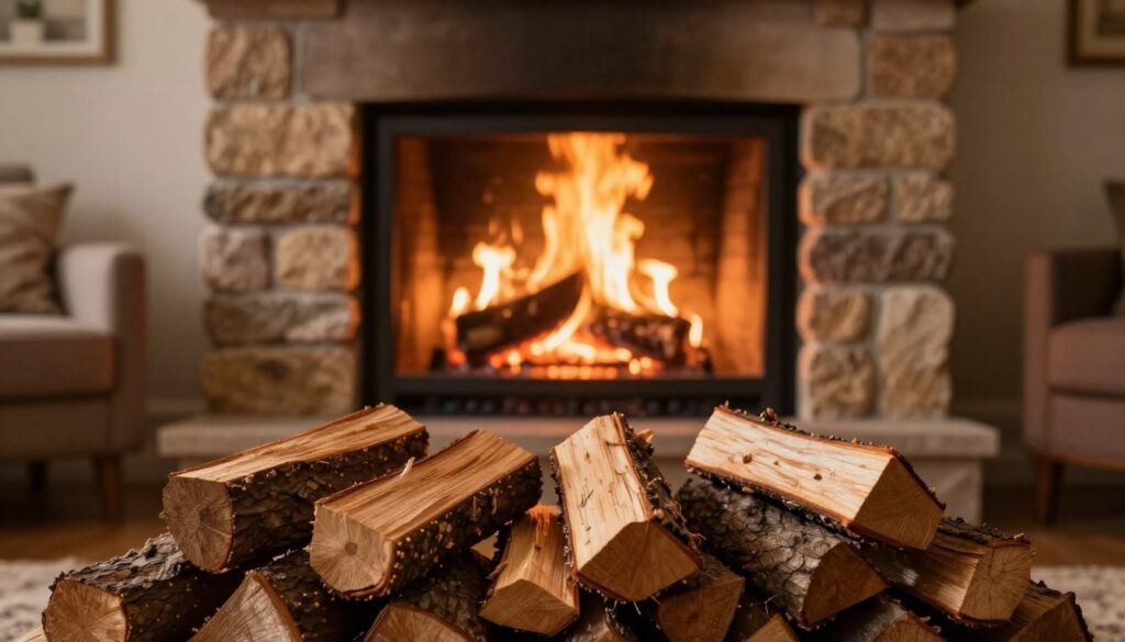 A cozy fireplace scene showcasing the "top-down" burning method in action. In the foreground, a well-arranged stack of firewood, with smaller kindling on top, demonstrates the ideal setup for efficient burning. The middle ground features a beautifully designed stone fireplace with warm, glowing embers and flames, creating a captivating focal point. The background includes a softly lit living room setting with comfortable furniture, highlighting the inviting atmosphere. The lighting is warm and soft, casting gentle shadows, while the camera angle captures the fire from a slightly elevated perspective, emphasizing both the flames and the wood arrangement. The overall mood is serene and inviting, perfect for a winter evening.