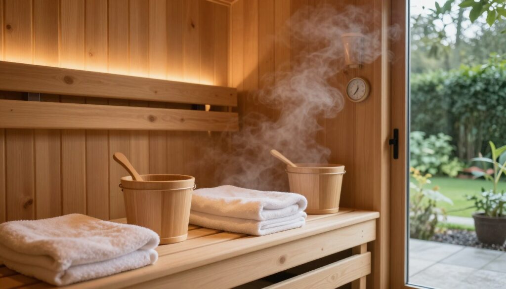 A cozy home sauna interior, featuring a traditional wooden design with warm hues of cedar wood, soft ambient lighting enhancing the relaxing atmosphere. In the foreground, an inviting wooden bench lined with plush towels, a small bucket and ladle for water, and a thermometer displaying a comfortable temperature. The middle of the image showcases the sauna's steam generator subtly integrated into the room, with hints of steam rising softly in the air. In the background, glimpses of a serene outdoor garden visible through a frosted glass window, with lush greenery providing a tranquil backdrop. The overall mood is one of tranquility and warmth, evoking the essence of relaxation and wellness in a home sauna environment. Soft focus effect with natural light enhancing the peaceful ambiance.