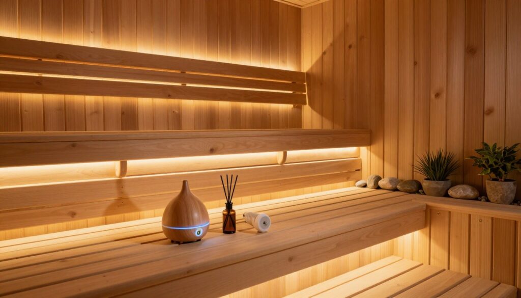 A cozy indoor sauna illuminated by soft, ambient LED lighting, creating an inviting atmosphere for relaxation. In the foreground, detailed views of the wooden benches and sleek, modern accessories like a thermometer and essential oil diffuser, meticulously arranged to enhance comfort. In the middle, the gentle glow of LED strips accentuates the warm wooden textures, casting subtle shadows that add depth to the scene. The background features calming elements like natural stones and greenery, enhancing the tranquil vibe. The lighting is warm, simulating an evening setting, complemented by a wide-angle lens perspective to capture the entirety of the space while maintaining an intimate feel. Overall, the atmosphere conveys relaxation and serenity, ideal for a personal spa experience.