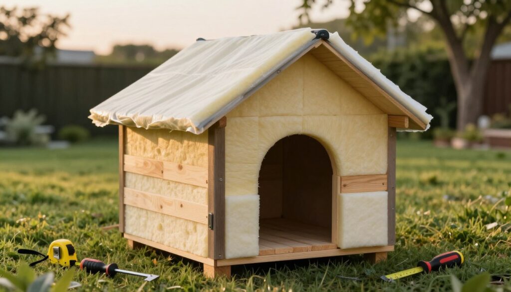 A cozy, insulated dog house situated in a tranquil backyard setting during a soft, golden hour for a warm atmosphere. In the foreground, showcase the dog house with visible layers of insulation material, such as foam panels and wooden planks. Highlight different sections of the walls, roof, and floor, illustrating how they are effectively insulated to provide warmth. In the middle ground, include tools like a measuring tape and a flat-head screwdriver to convey a DIY approach. The background should feature lush green grass and a few trees to create a serene environment. Use gentle, natural lighting to evoke a sense of comfort and safety, capturing an inviting yet professional mood suitable for a home improvement context.