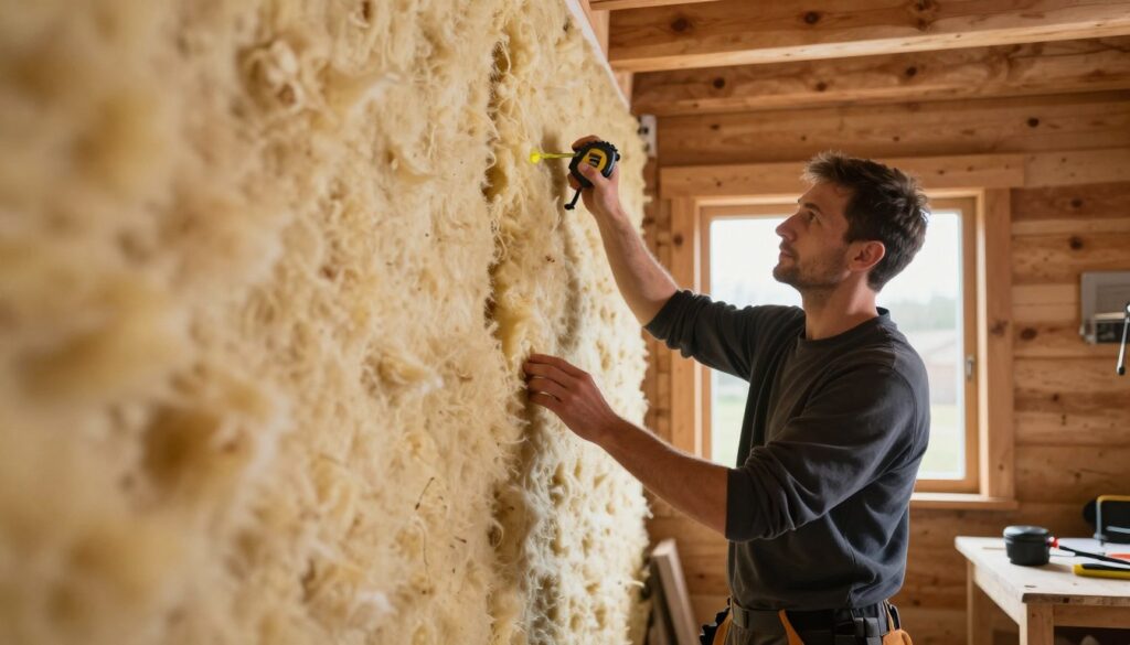 A cozy interior of a wooden cottage showcasing the contrast between traditional and modern insulation techniques. In the foreground, a close-up view of a partially insulated wall reveals layers of eco-friendly insulation material, like wool or foam, professionally installed. The middle ground portrays a craftsman in smart casual clothing carefully applying insulation to the wall, equipped with tools like a measuring tape and spray foam. The background features light streaming through a window, casting a warm glow on the wooden beams and walls, creating an inviting atmosphere. The scene captures the essence of home improvement, emphasizing warmth and comfort while illustrating the insulation process. The overall mood is one of professionalism and craftsmanship, highlighting the importance of proper insulation techniques.
