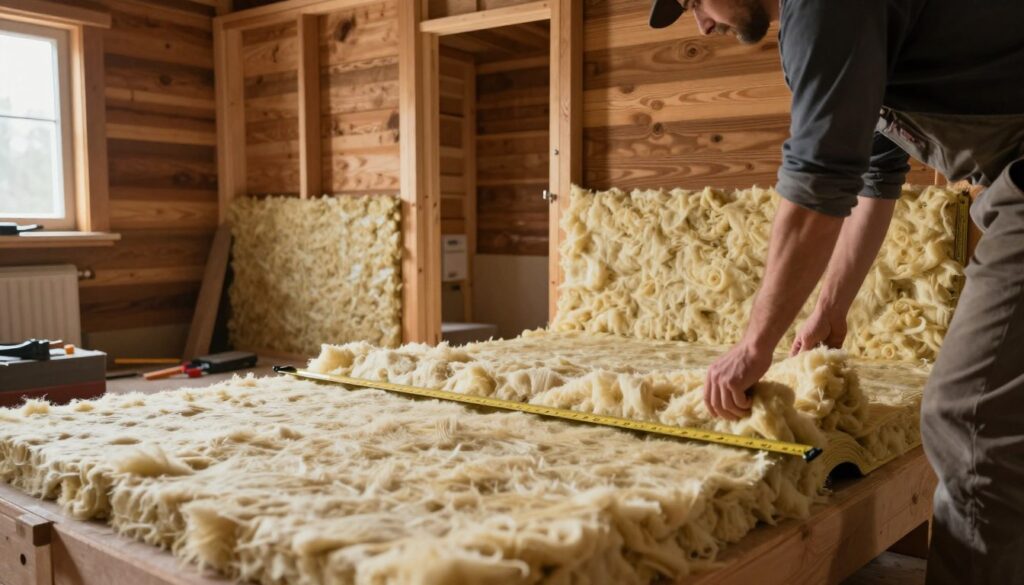 A cozy interior scene of a wooden cottage undergoing insulation from the inside, showcasing various layers of insulation materials like mineral wool and vapor barriers being applied to the walls. In the foreground, a person in casual work attire is carefully measuring and cutting insulation panels, focused on his task. The middle ground features partially insulated walls with visible framing and tools scattered around, adding a sense of ongoing work. In the background, warm light filters through a window, accentuating the wood grain of the cottage and creating a welcoming atmosphere. The overall mood is practical and industrious, emphasizing the importance of proper insulation techniques for moisture protection.