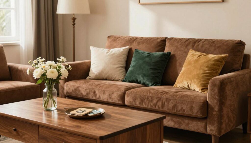 A cozy interior setting featuring beautiful brown furniture in rich, warm tones. The foreground showcases an elegant wooden coffee table adorned with decorative items like a vase of fresh flowers and artistic coasters. In the middle ground, a plush brown sofa is complemented by soft cushions in complementary colors like cream, deep green, and muted gold. The background depicts a well-lit room with tastefully painted walls in a soft beige, enhancing the warmth of the furniture. Soft, natural light streams through a window, casting gentle shadows and creating a welcoming atmosphere. The overall mood is harmonious and inviting, perfect for illustrating color combinations that complement brown furniture in various styles.