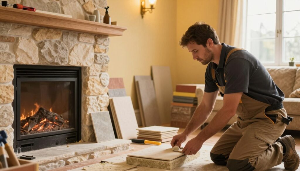 A cozy living room featuring a beautifully designed fireplace. In the foreground, a detailed view of a craftsman carefully installing heat-resistant materials around a stone fireplace, demonstrating step-by-step construction. The craftsman is wearing professional work attire, focused on safety and precision. In the middle ground, neatly arranged tools and an array of temperature-resistant materials such as stone, brick, and tile. The background reveals a warm, inviting interior with soft golden lighting cascading through the room, highlighting the textures of the materials used. The atmosphere is calm and industrious, illustrating a hands-on approach to fireplace construction while ensuring safety. A cozy living room featuring a beautifully designed fireplace. In the foreground, a detailed view of a craftsman carefully installing heat-resistant materials around a stone fireplace, demonstrating step-by-step construction. The craftsman is wearing professional work attire, focused on safety and precision. In the middle ground, neatly arranged tools and an array of temperature-resistant materials such as stone, brick, and tile. The background reveals a warm, inviting interior with soft golden lighting cascading through the room, highlighting the textures of the materials used. The atmosphere is calm and industrious, illustrating a hands-on approach to fireplace construction while ensuring safety.