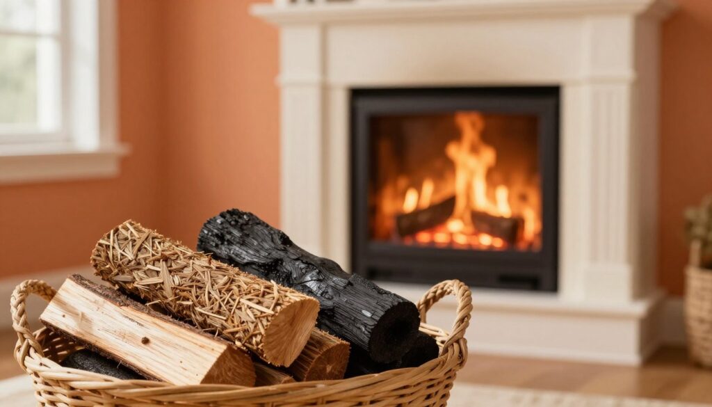 A cozy living room featuring an open fireplace, showcasing alternative solid fuels as substitutes for traditional wood. In the foreground, a basket filled with eco-friendly fuel briquettes, compressed sawdust logs, and natural charcoal. The middle ground contains the fireplace itself, with flames dancing over the glowing alternative fuels, casting warm light. In the background, soft hues of orange and cream paint the walls, creating a welcoming and serene atmosphere. Ambient light filters through a nearby window, highlighting the textures of the fuel materials. The scene should evoke a sense of comfort and innovation in home heating, embodying a modern approach to fireplace usage with a focus on ecological alternatives.