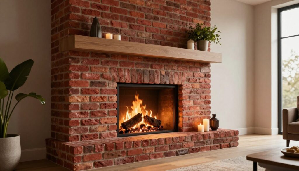 A cozy, modern living room featuring a stylish fireplace built with elegant klinker bricks. In the foreground, the textured surface of the klinker brick is illuminated by warm, ambient lighting, showcasing its rich red and brown tones. The middle ground includes a sleek, minimalistic mantel above the fireplace adorned with tasteful decor elements, such as green plants and artisanal candles. The background reveals a softly painted wall, complementing the warmth of the klinker, and hints of natural light streaming through large windows, creating an inviting atmosphere. The image conveys a sense of comfort and sophistication, perfect for interior design inspiration. Use a wide-angle lens to capture the entire scene, enhancing the feeling of spaciousness and warmth. A cozy, modern living room featuring a stylish fireplace built with elegant klinker bricks. In the foreground, the textured surface of the klinker brick is illuminated by warm, ambient lighting, showcasing its rich red and brown tones. The middle ground includes a sleek, minimalistic mantel above the fireplace adorned with tasteful decor elements, such as green plants and artisanal candles. The background reveals a softly painted wall, complementing the warmth of the klinker, and hints of natural light streaming through large windows, creating an inviting atmosphere. The image conveys a sense of comfort and sophistication, perfect for interior design inspiration. Use a wide-angle lens to capture the entire scene, enhancing the feeling of spaciousness and warmth.