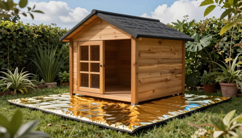 A cozy outdoor dog house surrounded by a lush garden, featuring modern thermal reflective mats neatly installed on the floor, walls, and roof. In the foreground, the vibrant mat's reflective surface catches the sunlight, showcasing its unique texture. The middle ground highlights the sturdy wooden structure of the dog house, painted in warm, earthy tones, with a sloped roof for rain runoff. The background reveals a bright blue sky with fluffy white clouds, creating an inviting atmosphere. Soft, natural lighting casts gentle shadows, enhancing the details of the mats and the dog house. This scene radiates warmth and comfort, illustrating contemporary heating systems effectively.