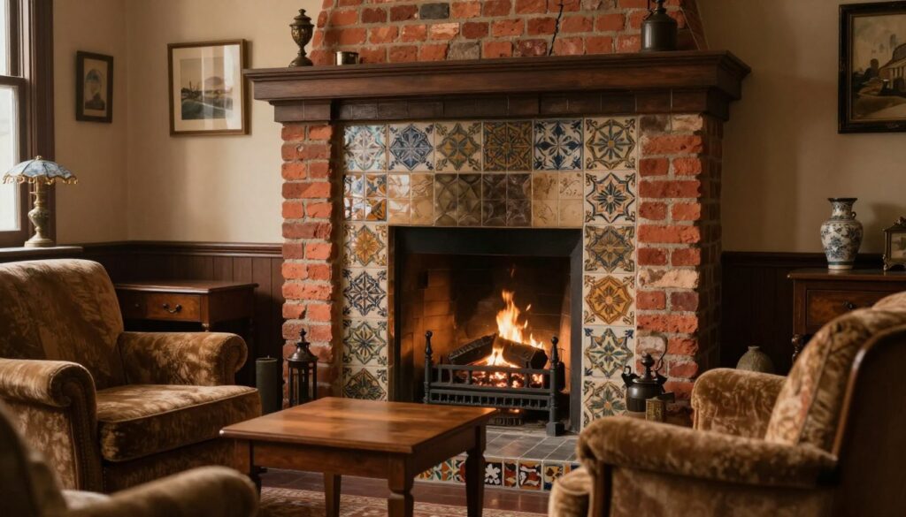 A cozy retro-style living room featuring a traditional fireplace surrounded by rustic red bricks and patterned ceramic tiles. In the foreground, a charming arrangement of vintage furniture, such as a plush armchair and a small wooden table, adds to the ambience. In the middle ground, the fireplace stands out, with intricate tile work reflecting warm, earthy tones and textures. The background shows soft, ambient lighting illuminating the space, enhancing the cozy atmosphere. The composition should emphasize depth with a slightly angled view, capturing both the fireplace and adjacent decor. The overall mood is inviting and nostalgic, perfect for a vintage aesthetic. A cozy retro-style living room featuring a traditional fireplace surrounded by rustic red bricks and patterned ceramic tiles. In the foreground, a charming arrangement of vintage furniture, such as a plush armchair and a small wooden table, adds to the ambience. In the middle ground, the fireplace stands out, with intricate tile work reflecting warm, earthy tones and textures. The background shows soft, ambient lighting illuminating the space, enhancing the cozy atmosphere. The composition should emphasize depth with a slightly angled view, capturing both the fireplace and adjacent decor. The overall mood is inviting and nostalgic, perfect for a vintage aesthetic.