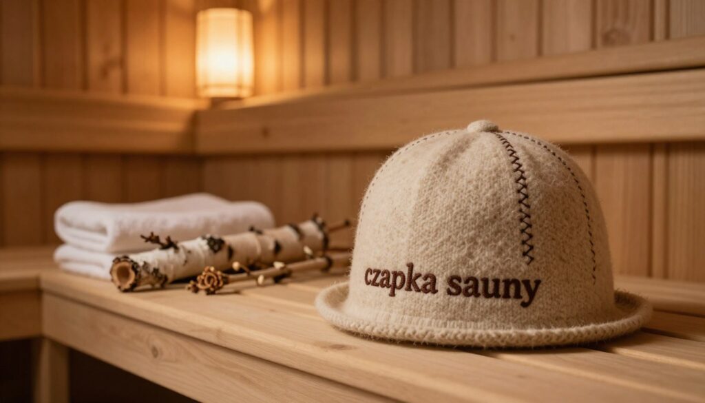 A cozy sauna interior featuring a traditional sauna hat, known as "czapka sauny", prominently placed in the foreground. The hat is made of soft, natural wool, showcasing its texture and warmth. A gentle light from the wooden sauna lamps casts a warm glow, highlighting the hat's rounded shape and decorative stitching. In the middle ground, a wooden bench filled with aromatic birch branches and towels reflects a serene sauna atmosphere. The background features wooden wall panels and a steam-filled environment, enhancing the sense of relaxation and culture associated with sauna rituals. The composition conveys a peaceful and inviting mood, perfect for illustrating the cultural significance of this accessory in sauna practices.