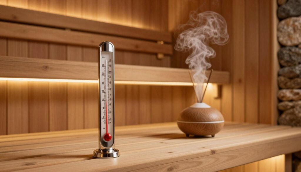 A cozy sauna interior, showcasing a wooden bench arrangement with soft, warm lighting emanating from built-in LEDs. In the foreground, a metallic thermometer prominently displays a temperature reading, highlighting the concept of sauna heat. The middle ground features a gentle waft of steam rising from an essential oil diffuser, enhancing the relaxing atmosphere. In the background, wooden panels and stone accents create an earthy, tranquil setting. The color palette leans towards warm browns and soft yellows, evoking comfort and relaxation. The scene conveys a sense of well-being and personal care, inviting viewers to consider how temperature can be tailored to individual preferences. The overall mood is serene and inviting, perfect for a wellness-focused article section. A cozy sauna interior, showcasing a wooden bench arrangement with soft, warm lighting emanating from built-in LEDs. In the foreground, a metallic thermometer prominently displays a temperature reading, highlighting the concept of sauna heat. The middle ground features a gentle waft of steam rising from an essential oil diffuser, enhancing the relaxing atmosphere. In the background, wooden panels and stone accents create an earthy, tranquil setting. The color palette leans towards warm browns and soft yellows, evoking comfort and relaxation. The scene conveys a sense of well-being and personal care, inviting viewers to consider how temperature can be tailored to individual preferences. The overall mood is serene and inviting, perfect for a wellness-focused article section.