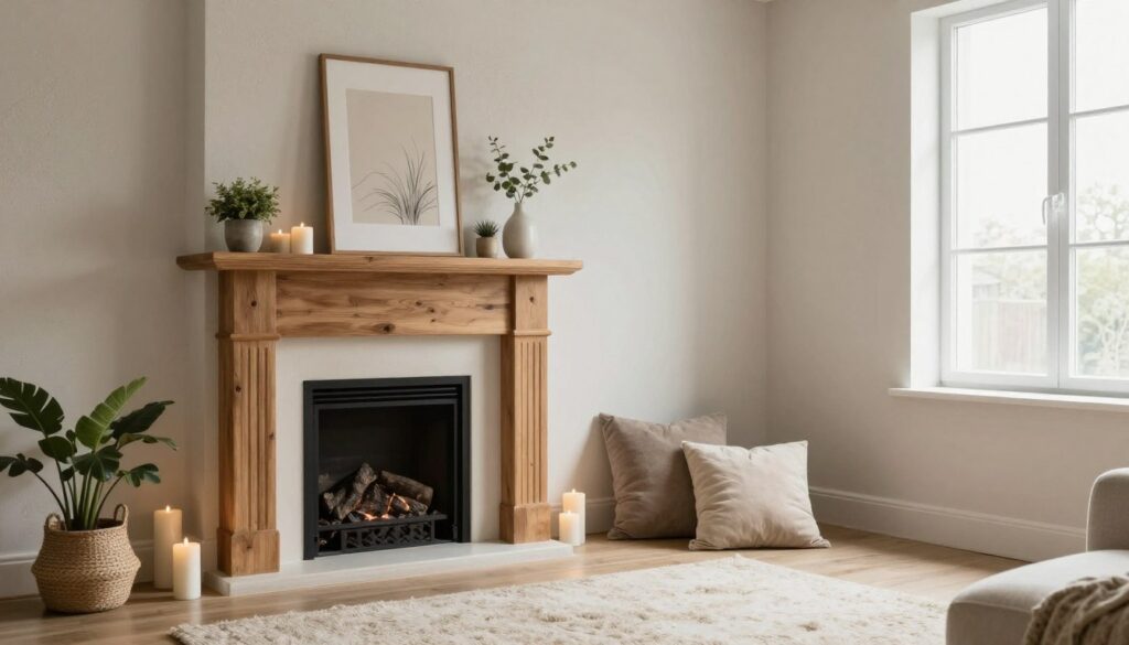 A cozy small living room featuring an elegantly styled fireplace arrangement. In the foreground, a rustic wooden mantel adorned with a variety of decorative items such as minimalist candles, small potted plants, and tasteful artwork. The middle area showcases a chic, soft rug with a couple of plush cushions, inviting relaxation. The background includes light-colored walls with subtle texture and a window allowing soft, natural light to illuminate the scene, creating a warm atmosphere. The color palette is neutral with hints of greenery, evoking a calm and inviting feel. Capture this scene with a wide-angle shot to emphasize the cozy, styled fireplace without making the room feel cluttered. A cozy small living room featuring an elegantly styled fireplace arrangement. In the foreground, a rustic wooden mantel adorned with a variety of decorative items such as minimalist candles, small potted plants, and tasteful artwork. The middle area showcases a chic, soft rug with a couple of plush cushions, inviting relaxation. The background includes light-colored walls with subtle texture and a window allowing soft, natural light to illuminate the scene, creating a warm atmosphere. The color palette is neutral with hints of greenery, evoking a calm and inviting feel. Capture this scene with a wide-angle shot to emphasize the cozy, styled fireplace without making the room feel cluttered.
