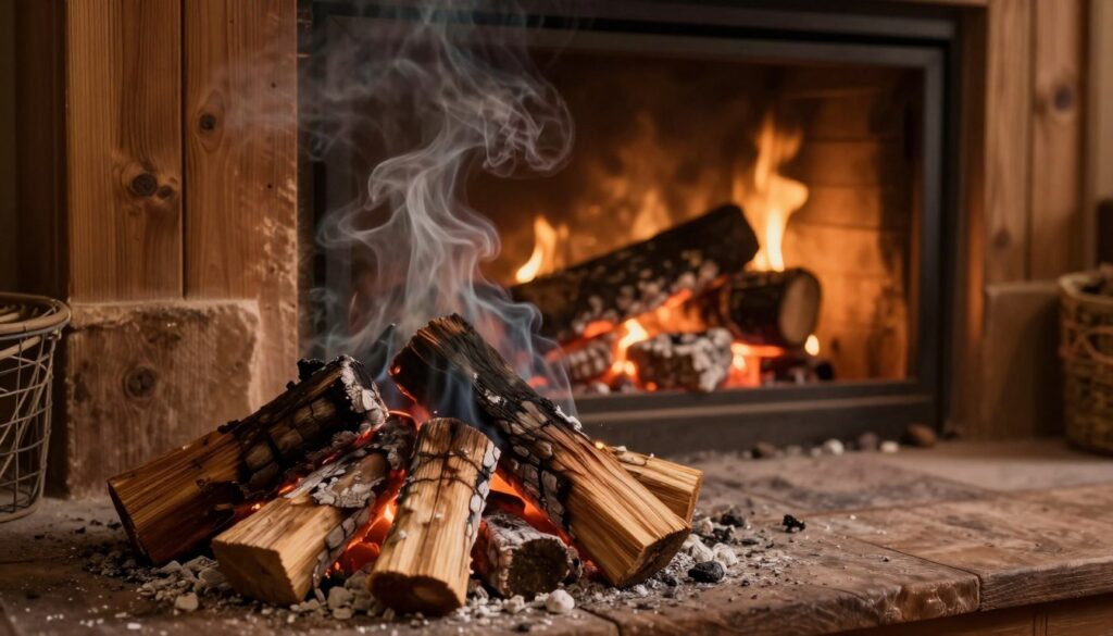 A cozy, warmly lit interior of a fireplace setting showcasing the common mistakes made while burning briquettes. In the foreground, a close-up of a fireplace with poorly arranged briquettes, some smoldering but not igniting fully, smoke curling upwards in a subtle haze. In the middle, a slightly open fire pit with a few briquettes glowing faintly, with scattered ash and logs adding to the scene, emphasizing disarray. The background features a rustic room with wood paneling and a dimly lit ambiance, enhancing the atmosphere of a comforting yet flawed fireplace experience. Soft golden lighting highlights the textures, creating a warm yet cautionary mood.