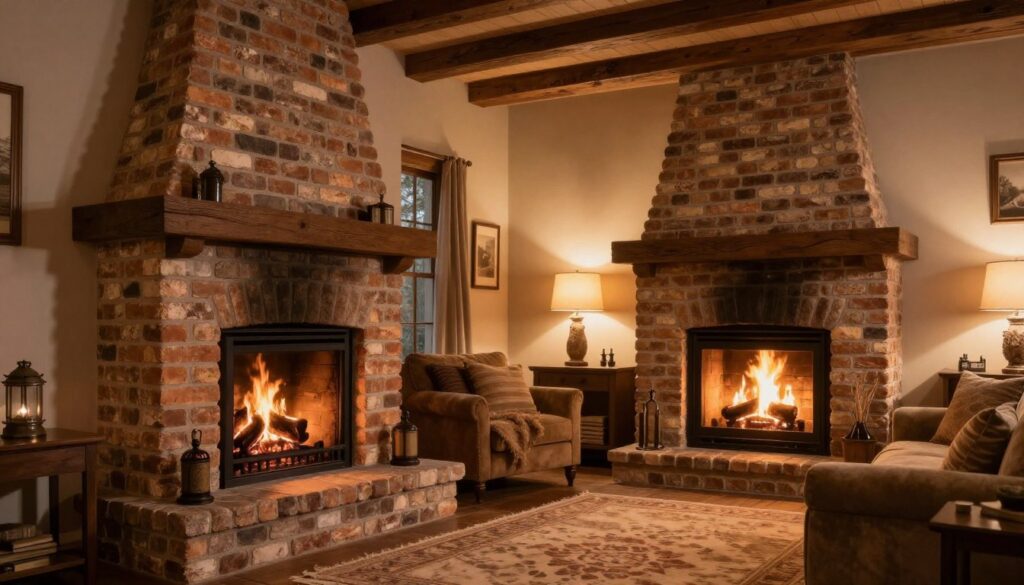 A cozy, well-designed living room featuring a brick fireplace surround. In the foreground, there’s a beautifully crafted brick chimney, showcasing various textures and warm, earthy tones. The middle ground includes a comfortable seating area with a stylish rug, creating an inviting atmosphere. The background features warm ambient lighting, casting a soft glow that enhances the coziness of the scene. The fireplace emits a gentle, crackling fire, providing warmth and a focal point for the room. Overhead, a ceiling with wooden beams adds to the rustic charm, while a subtle play of shadows on the wall underscores the thermal insulation aspect. The entire composition evokes a sense of safety and comfort, ideal for a home environment. A cozy, well-designed living room featuring a brick fireplace surround. In the foreground, there’s a beautifully crafted brick chimney, showcasing various textures and warm, earthy tones. The middle ground includes a comfortable seating area with a stylish rug, creating an inviting atmosphere. The background features warm ambient lighting, casting a soft glow that enhances the coziness of the scene. The fireplace emits a gentle, crackling fire, providing warmth and a focal point for the room. Overhead, a ceiling with wooden beams adds to the rustic charm, while a subtle play of shadows on the wall underscores the thermal insulation aspect. The entire composition evokes a sense of safety and comfort, ideal for a home environment.