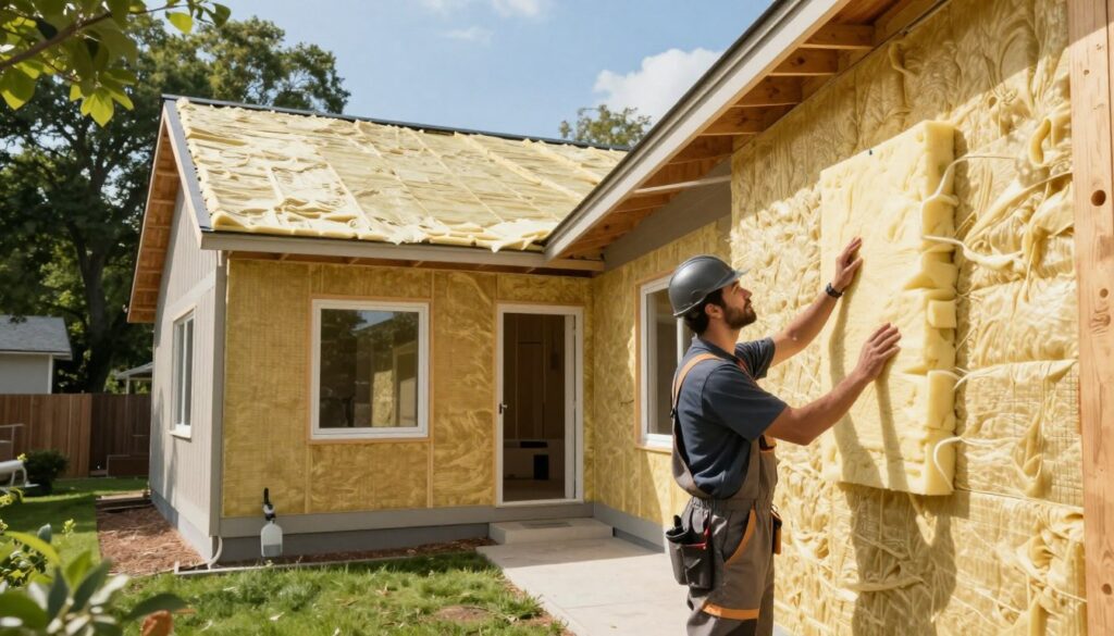 A cozy, well-insulated house nestled in a serene neighborhood, showcasing various methods of home insulation. In the foreground, a professional contractor dressed in modest work attire examines a wall with high-quality insulation materials, highlighting layers of foam board and spray foam. In the middle ground, an open space reveals a roof under construction, showcasing modern insulation techniques with bright, natural lighting pouring in from a nearby window. The backdrop features trees and a clear blue sky, evoking a sense of tranquility. The atmosphere is vibrant and optimistic, emphasizing the importance of effective insulation methods for energy efficiency and comfort. The scene should feel inviting and informative, with a focus on the practical aspects of home insulation.