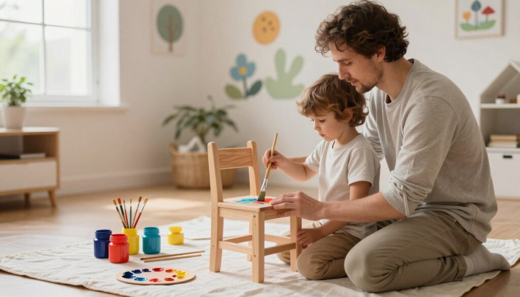 A cozy, well-lit children's room featuring a parent and child safely painting wooden furniture. In the foreground, the child, dressed in modest casual clothing, applies bright, non-toxic paint to a small wooden chair using a paintbrush, while the parent, also in casual attire, carefully guides them. The middle of the image showcases a colorful array of paints in jars, scattered brushes, and a paint palette on a protective drop cloth. In the background, cheerful wall decor with playful patterns complements the scene, and a large window allows natural light to flood into the room, enhancing the warm atmosphere. Soft, diffused lighting creates a safe and inviting space, emphasizing the importance of safe painting practices.