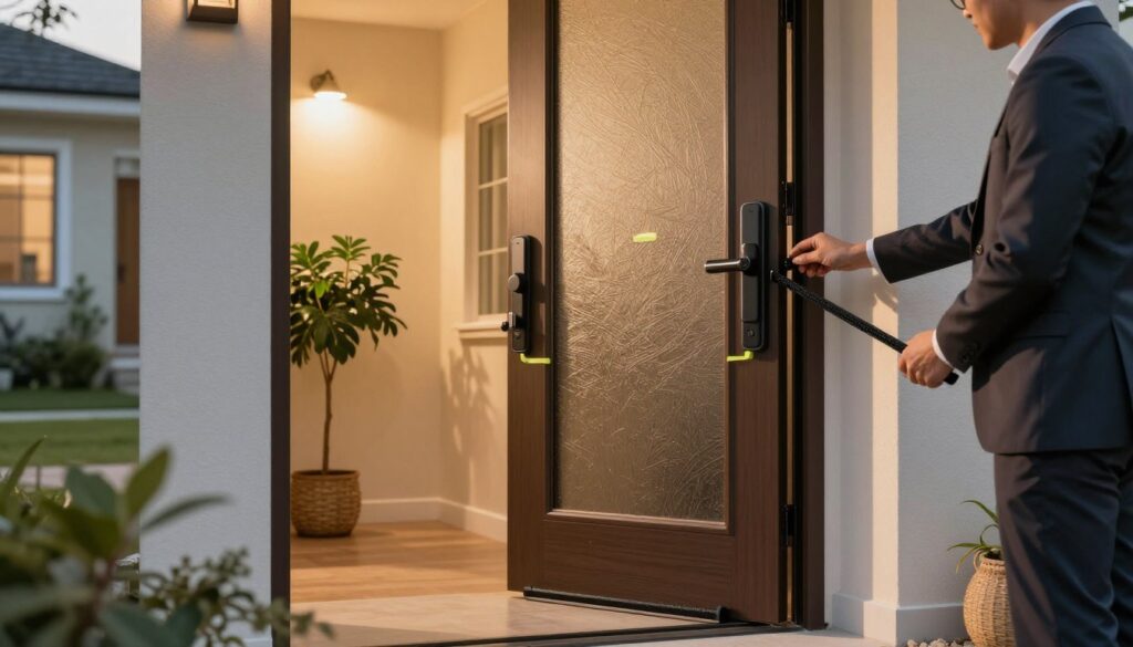 A cozy, well-lit entrance featuring a beautifully insulated front door, showcasing modern weatherstripping and stylish draft stoppers. In the foreground, a person in professional attire is adjusting the door to demonstrate a DIY weatherproofing technique. The middle ground shows a warm, inviting hallway with soft lighting and a small indoor plant beside the door. The background includes a subtle glimpse of a vibrant home exterior, indicating a mix of contemporary and traditional architecture. The overall atmosphere should feel reassuring and homey, emphasizing energy efficiency and comfort, with gentle shadows creating a serene mood, as if late afternoon light is filtering through the doorway.