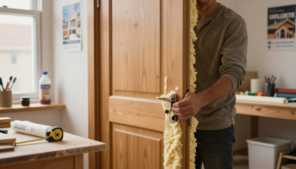 A cozy, well-lit workshop interior focusing on a person installing insulation on a wooden door, emphasizing a hands-on DIY approach. In the foreground, tools like a measuring tape and adhesive are neatly arranged next to the door. The middle section features the person dressed in modest casual clothing, carefully applying insulation foam along the edges of the door, showcasing their concentration and skill. In the background, a partially open window allows soft natural light to illuminate the scene, creating a warm and inviting atmosphere. The walls are adorned with home improvement posters and materials, enhancing the sense of a productive space dedicated to enhancing home comfort.