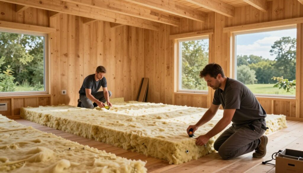 A cozy wooden house showcasing mineral wool insulation being applied to the roof and floor, highlighting the warm, natural materials used in energy-efficient home construction. In the foreground, workers in professional attire are installing insulation panels with meticulous care, using tools such as a measuring tape and fasteners. The middle ground features partially completed sections of the roof and floor, revealing the soft texture of the mineral wool, with light streaming in from large windows. In the background, lush greenery and a clear blue sky contribute to a tranquil and inviting atmosphere. The lighting is soft and warm, evoking a sense of comfort and safety, while the overall composition emphasizes the importance of effective insulation in maintaining a healthy, moisture-resistant wooden home.