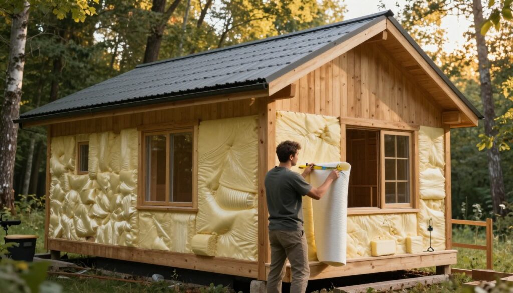A cozy wooden summer house set in a serene forest environment, showcasing the insulation process of the building. In the foreground, a professional in modest casual clothing measures insulation material, demonstrating the effort involved in energy-saving upgrades. The middle ground features partially installed foam insulation panels along the wooden walls, highlighting the construction details. The background reveals lush trees bathed in warm sunlight, creating a relaxed atmosphere. The scene is softly illuminated, emphasizing the natural textures of wood and insulation materials. Use a warm color palette to evoke a welcoming and homely feel. The composition should be captured from a slightly elevated angle to provide depth and context to the setting.