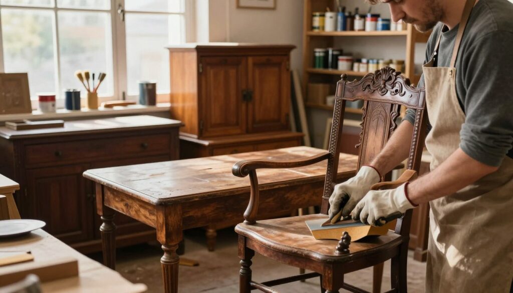A cozy workshop scene showcasing the process of refreshing and restoring vintage furniture. In the foreground, a skilled craftsman, dressed in a modest apron and gloves, meticulously sandpapers a beautifully carved, antique wooden chair. The middle layer features a variety of wooden furniture pieces, such as a vintage cabinet and a weathered table, all undergoing different stages of renovation. In the background, warm sunlight filters through a large window, illuminating shelves filled with paint cans, brushes, and tools scattered about. The atmosphere is inviting and creative, evoking a sense of craftsmanship and dedication to preserving history. The lighting is soft and natural, enhancing the rich textures of the wood.
