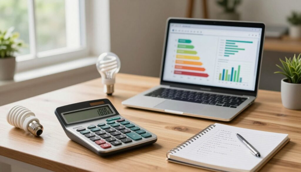 A detailed and informative energy consumption calculator on a modern wooden desk, illuminated by soft natural light coming from a nearby window. In the foreground, a sleek digital calculator with a clear display shows energy consumption metrics, surrounded by energy-efficient light bulbs and a notepad filled with handwritten notes. The middle ground features a laptop displaying an energy analysis software interface, graphs, and charts in vibrant colors. In the background, a cozy home environment with greenery visible outside the window, creating an atmosphere of warmth and sustainability. Ensure the image has a professional and analytical mood, highlighting the theme of energy efficiency in a domestic setting. A detailed and informative energy consumption calculator on a modern wooden desk, illuminated by soft natural light coming from a nearby window. In the foreground, a sleek digital calculator with a clear display shows energy consumption metrics, surrounded by energy-efficient light bulbs and a notepad filled with handwritten notes. The middle ground features a laptop displaying an energy analysis software interface, graphs, and charts in vibrant colors. In the background, a cozy home environment with greenery visible outside the window, creating an atmosphere of warmth and sustainability. Ensure the image has a professional and analytical mood, highlighting the theme of energy efficiency in a domestic setting.