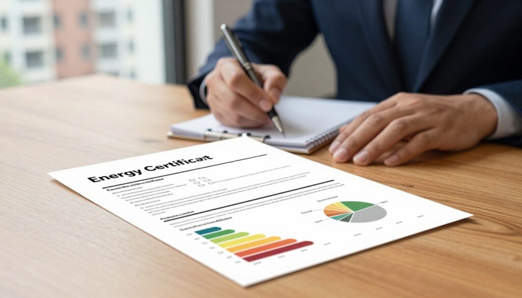 A detailed and informative illustration of an "energy certificate" document, prominently displayed in the foreground on a wooden desk, with a focused, soft light highlighting its text. The certificate is neatly laid out with checkboxes and graphs indicating energy efficiency ratings. In the middle ground, a professional individual in business attire is reviewing the document, holding a pen ready to make notes, representing urgency and diligence. In the background, a blurred image of a residential building can be seen through a window, subtly emphasizing the article's context. The lighting is warm and inviting, creating an atmosphere of professionalism and responsibility, suggesting the importance of energy certification costs for property owners.