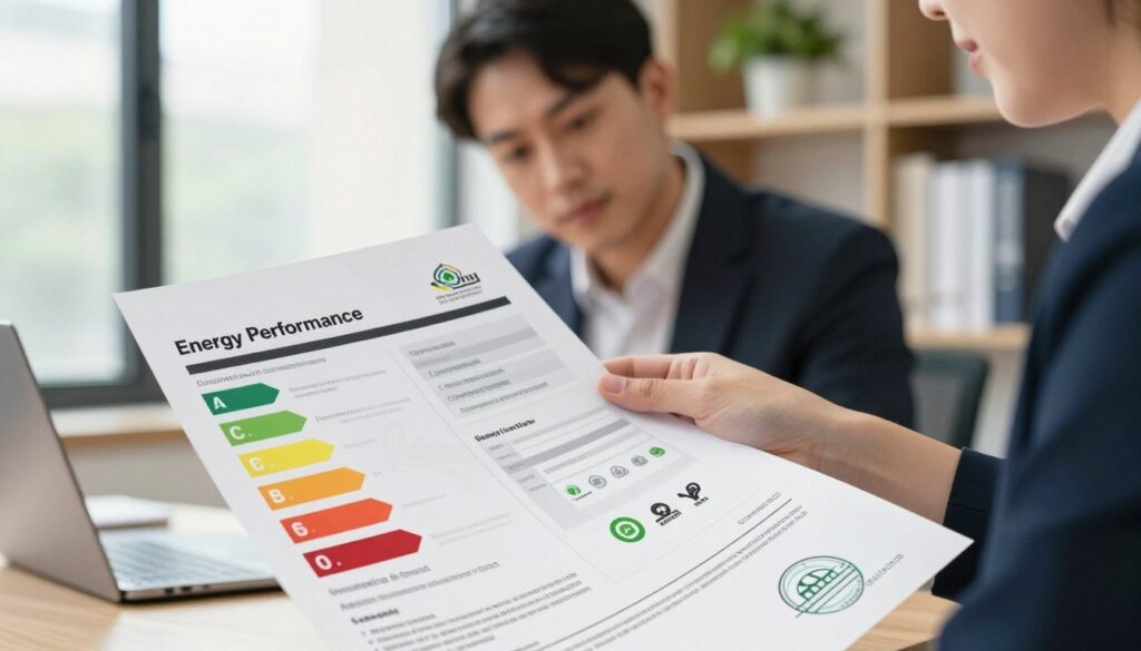 A detailed and informative illustration of an energy performance certificate, prominently displayed in the foreground. The certificate should be partially unfolded, showcasing key elements like energy efficiency ratings and building details, with icons representing sustainability. In the middle background, a professional individual dressed in business attire is reviewing the document with a focused expression, suggesting diligence in understanding its importance. Soft, natural lighting floods the scene through a window, hinting at a collaborative office environment. The background features shelves with books and green plants, enhancing the atmosphere of professionalism and responsibility. The overall mood should convey the significance of maintaining accurate energy certification and the impact of its expiration.