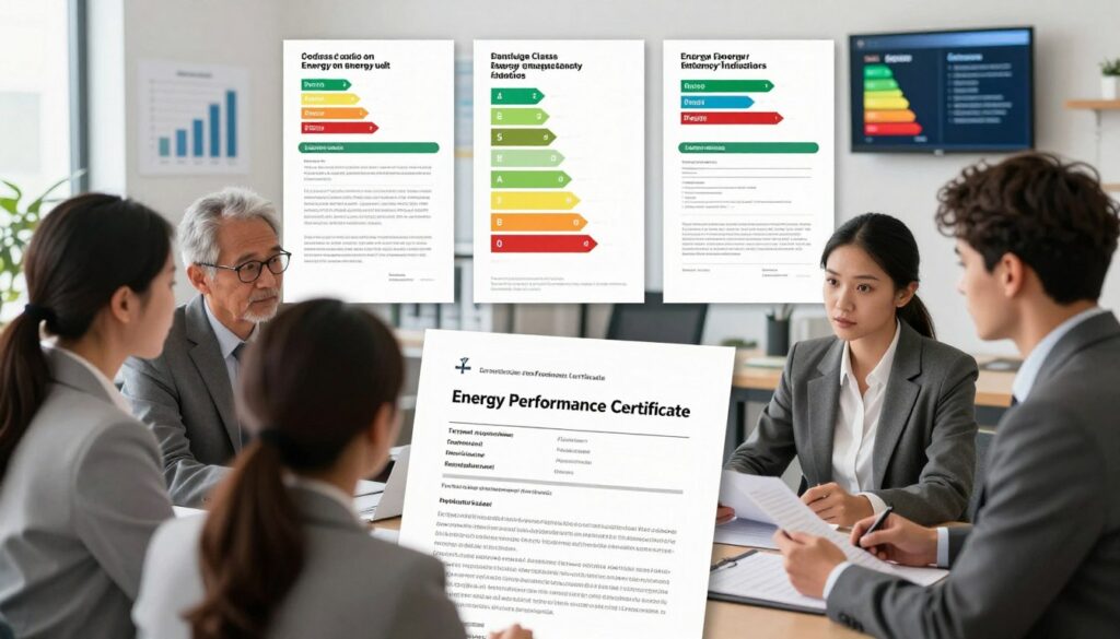 A detailed and informative illustration of the step-by-step process for obtaining an energy performance certificate. In the foreground, show a diverse group of professionals in business attire engaged in a discussion around a large document labeled "Energy Performance Certificate." In the middle ground, depict a sequence of panels showcasing various stages: conducting an energy audit, assessing energy efficiency indicators, and filling out application forms. The background should feature an office environment with charts on energy classes and a digital display showing various energy ratings. Use bright, natural lighting to create a professional atmosphere, emphasizing clarity and focus on the document process. The angle of the image captures the interplay between the foreground activities and the informative middle ground, creating a sense of progress and engagement.