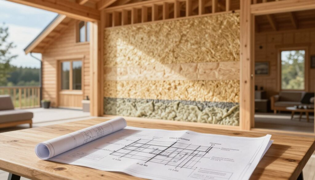 A detailed and informative illustration of thermal insulation parameters for a wooden house, centered in a well-lit living space. In the foreground, a blueprint and technical diagrams highlighting insulation thickness, R-value, and moisture barriers on a wooden table. The middle ground features a partially constructed wooden wall with insulation material installed, showcasing varying layers and textures. The background reveals an exterior view of a well-insulated wooden house with a sunny sky, emphasizing a balance between modern construction techniques and natural aesthetics. Soft, natural lighting enhances the warmth of the wooden elements, creating an inviting atmosphere that symbolizes comfort and energy efficiency. The composition is clear, professional, and focused, perfect for an educational setting.