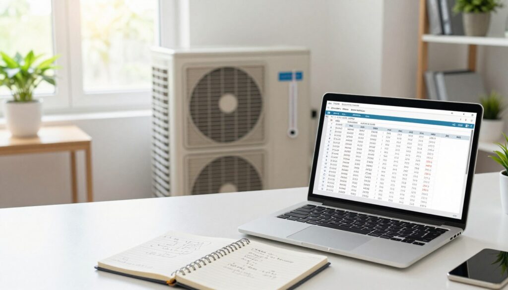 A detailed and informative workspace showcasing the calculations for cooling costs. In the foreground, a well-organized desk with a laptop displaying spreadsheets filled with numbers and calculation formulas. A notepad rests next to the laptop, filled with handwritten notes and cooling cost formulas. In the middle ground, a large air conditioning unit is visibly operating, with cooling vents and a thermometer indicating a comfortable temperature. In the background, a bright window reveals a sunlit room with plants, enhancing the atmosphere of comfort and efficiency. The lighting is bright and inviting, creating a mood of productivity. The scene is captured from a slightly elevated angle to provide a comprehensive view of the workspace, ensuring a professional and clean aesthetic.
