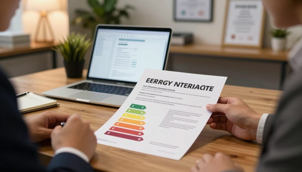 A detailed and realistic conceptualization of an energy performance certificate displayed prominently on a wooden desk. In the foreground, the certificate, featuring distinct energy efficiency indicators and colorful graphs illustrating energy classes, is being examined by a professional in business attire. The middle ground includes a laptop with an open file showing energy analysis software and a notepad with handwritten notes. The background features a softly lit, modern office space with plants and certificates framed on the walls. The lighting is warm and inviting, creating a focused atmosphere that emphasizes the importance of the document. The angle offers a slightly elevated view, providing a comprehensive perspective of the scene without any text, watermarks, or distractions.