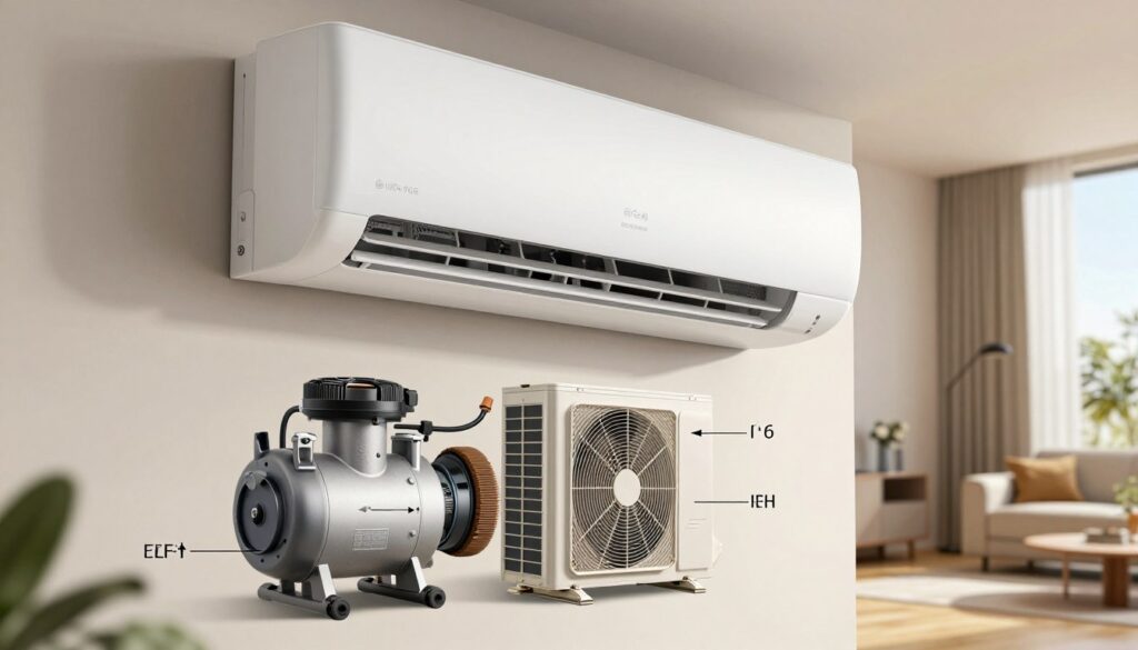 A detailed and technical illustration of a split monoblock air conditioning unit, showcasing its internal components and airflow mechanism. In the foreground, depict an exploded view of the unit, highlighting the compressor, evaporator, and fan elements with labeled arrows for clarity. The middle ground should feature the unit mounted on a wall, emphasizing its compact design and modern aesthetic. In the background, include a sleek, contemporary living space for context, with sunlight streaming through a window to create a warm, inviting atmosphere. Use natural lighting to accentuate the features of the air conditioning unit, while the camera angle should be slightly above eye level, providing a clear perspective. Aim for a technical yet approachable feel, suitable for an informative article on air conditioning systems.