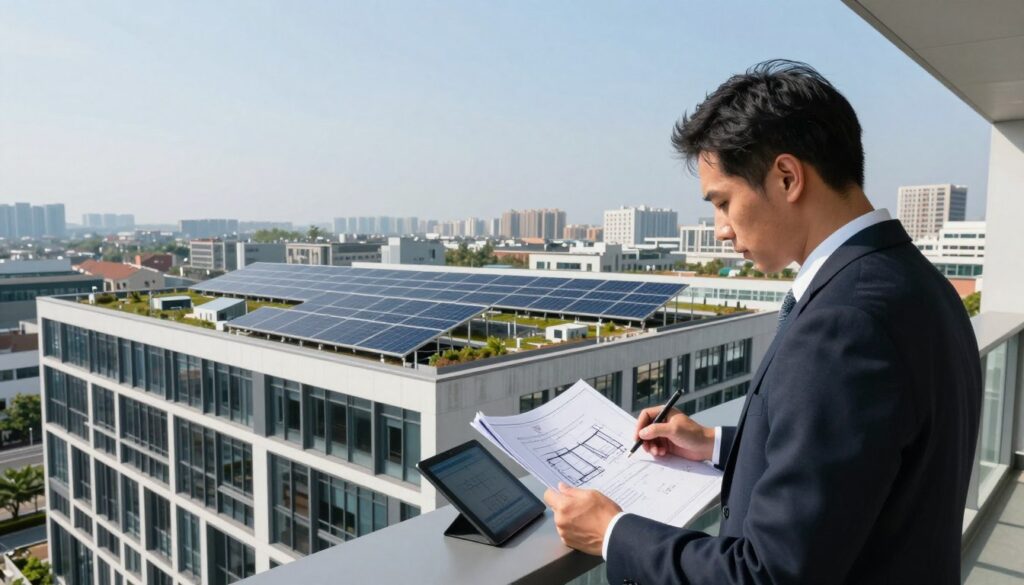 A detailed architectural analysis scene depicting a modern building. In the foreground, a professional auditor, dressed in business attire, is examining blueprints and digital devices, taking notes. The middle ground features the building with clear solar panels and energy-efficient designs, showcasing various sustainable technologies. The background includes a city skyline under a clear blue sky, casting soft natural light over the scene, highlighting details of the building’s façade. The mood is focused and analytical, evoking a sense of professionalism and importance of energy efficiency. Use a wide-angle lens perspective to capture the breadth of the environment, emphasizing the building’s integration with sustainable urban design. A detailed architectural analysis scene depicting a modern building. In the foreground, a professional auditor, dressed in business attire, is examining blueprints and digital devices, taking notes. The middle ground features the building with clear solar panels and energy-efficient designs, showcasing various sustainable technologies. The background includes a city skyline under a clear blue sky, casting soft natural light over the scene, highlighting details of the building’s façade. The mood is focused and analytical, evoking a sense of professionalism and importance of energy efficiency. Use a wide-angle lens perspective to capture the breadth of the environment, emphasizing the building’s integration with sustainable urban design.