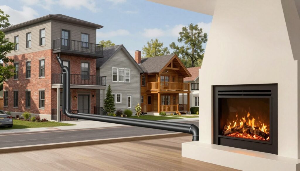 A detailed architectural illustration showing the proper air supply system for a fireplace in various building types. In the foreground, depict a sleek, modern fireplace with visible air intake vents. In the middle ground, showcase a range of building styles (urban apartments, suburban homes, and rustic cabins) with clear air conduits connecting to the exterior. The background features a serene outdoor environment, perhaps with trees and a blue sky. Use natural lighting to highlight the textures of the buildings and the warmth of the fireplace. Capture a technical yet inviting atmosphere, emphasizing functionality and design, with an angle that focuses on the integration of the air supply system into the structures. A detailed architectural illustration showing the proper air supply system for a fireplace in various building types. In the foreground, depict a sleek, modern fireplace with visible air intake vents. In the middle ground, showcase a range of building styles (urban apartments, suburban homes, and rustic cabins) with clear air conduits connecting to the exterior. The background features a serene outdoor environment, perhaps with trees and a blue sky. Use natural lighting to highlight the textures of the buildings and the warmth of the fireplace. Capture a technical yet inviting atmosphere, emphasizing functionality and design, with an angle that focuses on the integration of the air supply system into the structures.