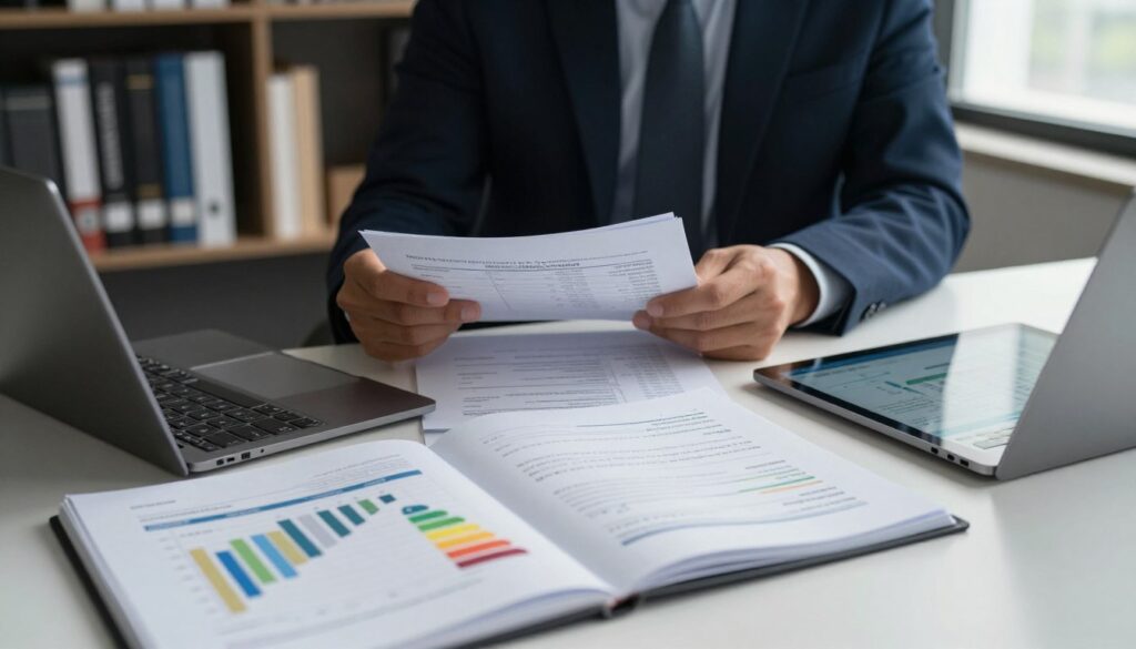 A detailed desk scene in an office environment focusing on energy certification documentation. In the foreground, an organized desk features open folders with graphs and charts related to energy efficiency, along with a high-resolution digital tablet displaying data. In the middle ground, a professional dressed in business attire reviews documents, highlighting essential information about energy performance metrics. In the background, there are shelves lined with books on energy standards and regulations, dimly lit, creating a scholarly atmosphere. Soft, natural lighting streams through a window, casting gentle shadows, while the overall mood is one of professionalism and focus, emphasizing the importance of accurate data in preparing energy certificates.