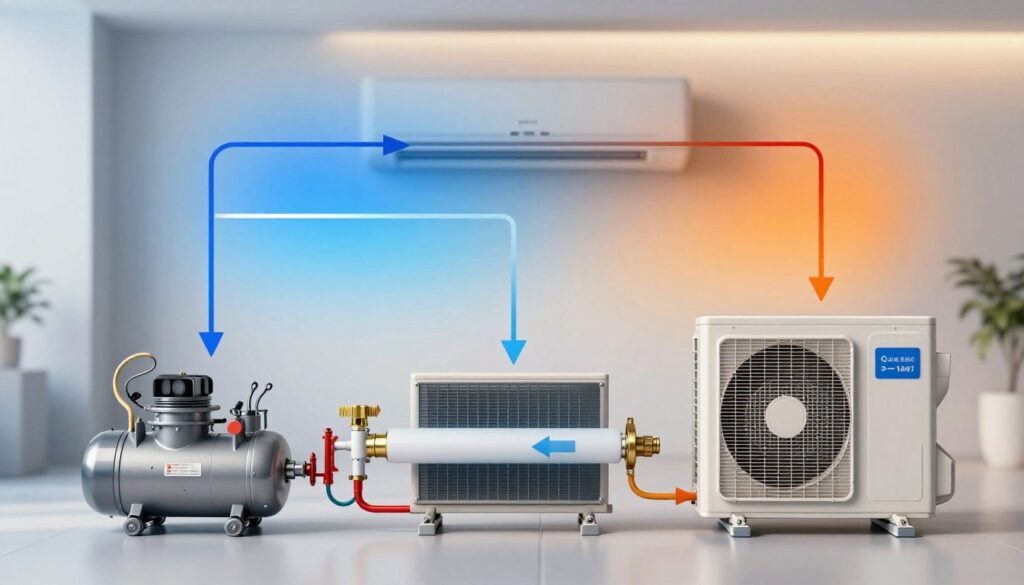 A detailed diagram illustrating the refrigeration cycle in action, featuring a clear, visually engaging representation of refrigerant flow through an air conditioning system. In the foreground, show labeled components like the compressor, condenser, expansion valve, and evaporator, each highlighted with arrows depicting the movement of the refrigerant. In the middle ground, integrate a gradient of cool blue and warm orange tones to symbolize the transfer of cold and heat, enhancing the understanding of the cycle. The background can include a minimalistic technical setting, perhaps inside a modern air conditioning unit, with soft, ambient lighting to create a clean and professional atmosphere. The overall mood should be informative and educational, capturing the essence of how refrigeration works practically. A detailed diagram illustrating the refrigeration cycle in action, featuring a clear, visually engaging representation of refrigerant flow through an air conditioning system. In the foreground, show labeled components like the compressor, condenser, expansion valve, and evaporator, each highlighted with arrows depicting the movement of the refrigerant. In the middle ground, integrate a gradient of cool blue and warm orange tones to symbolize the transfer of cold and heat, enhancing the understanding of the cycle. The background can include a minimalistic technical setting, perhaps inside a modern air conditioning unit, with soft, ambient lighting to create a clean and professional atmosphere. The overall mood should be informative and educational, capturing the essence of how refrigeration works practically.