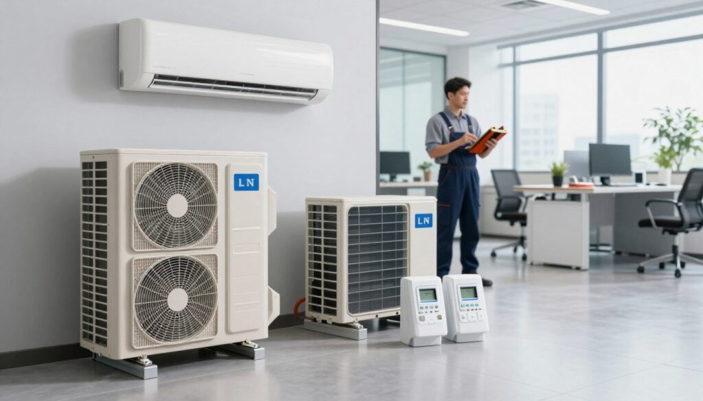 A detailed diagram of an air conditioning system in a modern office environment. The foreground features labeled components like the condenser unit, evaporator coil, and thermostat, arranged clearly. In the middle ground, an HVAC technician in business attire examines the system with tools, showcasing practical maintenance. The background includes sleek office furniture and large windows letting in natural light, creating a bright and airy atmosphere. The lighting is well-balanced, emphasizing the clarity of the technical components. The angle of the image is slightly elevated, providing an overview of the setup. The mood is professional and informative, inviting viewers to understand how air conditioning works in practice. A detailed diagram of an air conditioning system in a modern office environment. The foreground features labeled components like the condenser unit, evaporator coil, and thermostat, arranged clearly. In the middle ground, an HVAC technician in business attire examines the system with tools, showcasing practical maintenance. The background includes sleek office furniture and large windows letting in natural light, creating a bright and airy atmosphere. The lighting is well-balanced, emphasizing the clarity of the technical components. The angle of the image is slightly elevated, providing an overview of the setup. The mood is professional and informative, inviting viewers to understand how air conditioning works in practice.
