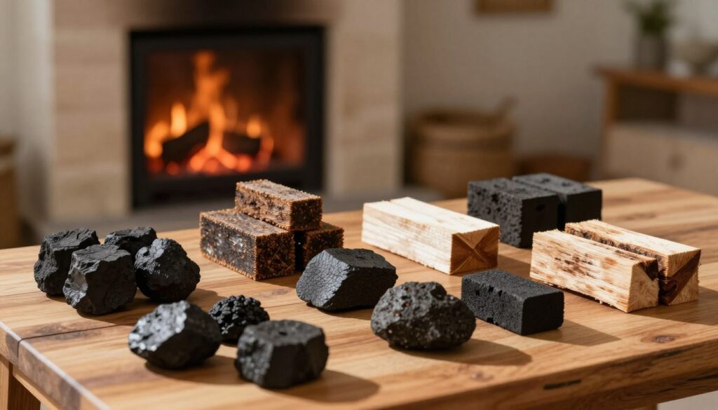 A detailed display of different types of briquettes, positioned artistically on a wooden table. In the foreground, a variety of briquettes — made from coal, wood, and pressed organic materials — showcasing their distinct textures and shapes. In the middle ground, a rustic fireplace is subtly visible, with glowing embers suggesting recent use, symbolizing how each briquette type affects burning. The background features a softly lit, cozy room with a warm atmosphere, emphasizing the homey nature of using briquettes in a fireplace. Natural light streams in, casting soft shadows and highlighting the intricate surface details of the briquettes. The overall mood is inviting and educational, perfect for illustrating the nuances of burning briquettes.