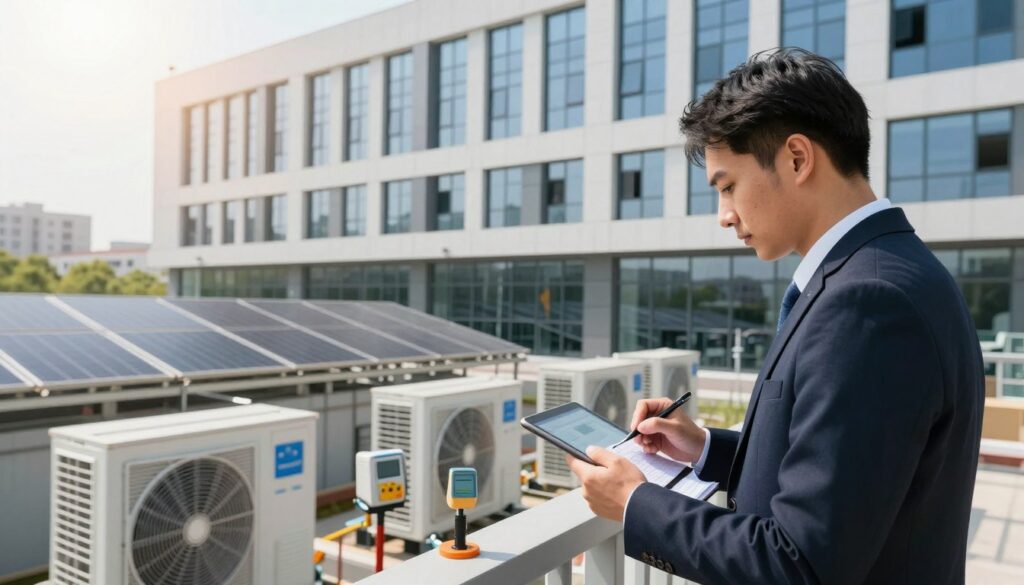 A detailed energy audit of a modern building in progress, featuring a professional auditor in smart business attire examining energy systems. In the foreground, the auditor is taking notes on a digital tablet. The middle ground showcases the building's energy management systems, like solar panels and HVAC units, highlighted with technical instruments for measurement. The background displays a sleek, energy-efficient office building with large windows reflecting natural light. Bright, warm lighting creates a focused atmosphere, while a wide-angle lens captures the full scope of the auditing process. The mood is professional and purposeful, emphasizing the importance of thorough energy assessments in sustainability.