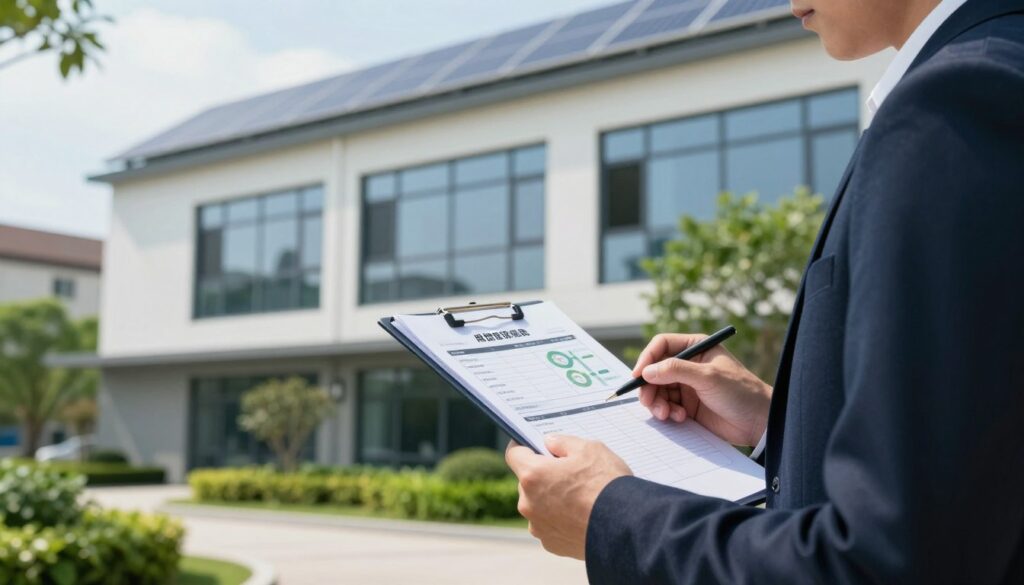 A detailed energy audit scene of a modern building in an urban setting. In the foreground, a professional wearing business attire examines an energy audit report with a clipboard, symbolizing a thorough assessment. The middle ground features the building's exterior with visible energy-efficient features like solar panels and triple-glazed windows, surrounded by lush greenery to emphasize sustainability. The background includes a bright sky reflecting natural light, casting soft shadows, enhancing the overall professionalism of the image. The atmosphere is focused and informative, promoting a sense of responsibility towards energy conservation. The image should not contain any text, watermarks, or other distractions, ensuring a clean and engaging visual representation of energy auditing. A detailed energy audit scene of a modern building in an urban setting. In the foreground, a professional wearing business attire examines an energy audit report with a clipboard, symbolizing a thorough assessment. The middle ground features the building's exterior with visible energy-efficient features like solar panels and triple-glazed windows, surrounded by lush greenery to emphasize sustainability. The background includes a bright sky reflecting natural light, casting soft shadows, enhancing the overall professionalism of the image. The atmosphere is focused and informative, promoting a sense of responsibility towards energy conservation. The image should not contain any text, watermarks, or other distractions, ensuring a clean and engaging visual representation of energy auditing.