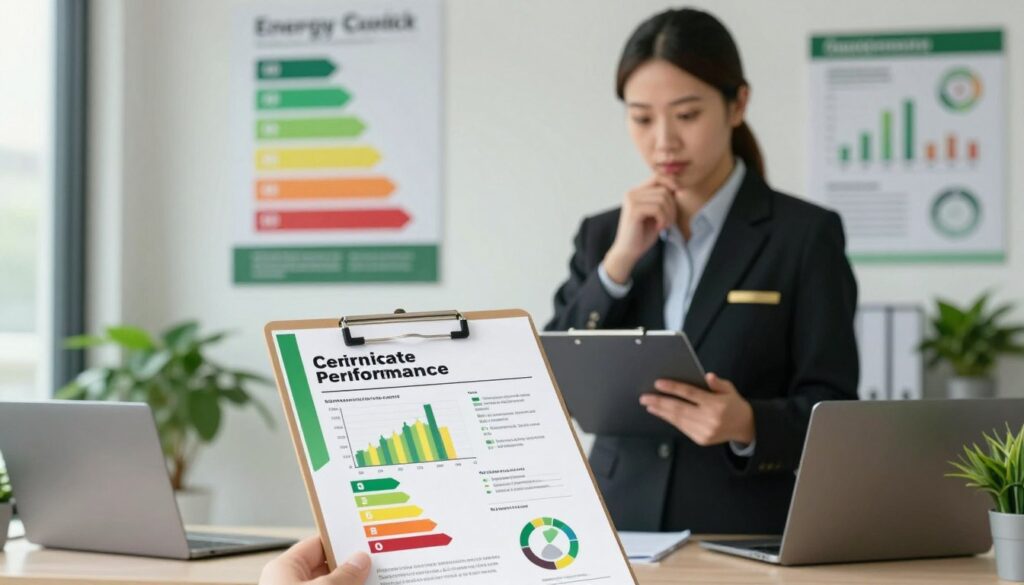 A detailed energy performance certificate displayed prominently in the foreground, featuring graphs, energy efficiency ratings, and a modern design with color-coded sections. In the middle, a professional auditor dressed in business attire studies the certificate, holding a clipboard with a thoughtful expression, symbolizing attention to detail. The background includes an office setting with an energy efficiency-themed poster on the wall, a desk with a laptop, and plants, conveying a focus on sustainability. Soft, natural lighting filters in from a window, creating a calm, professional atmosphere. The arrangement emphasizes the difference between energy audits and performance certificates, inviting the viewer to contemplate the significance of energy assessment.
