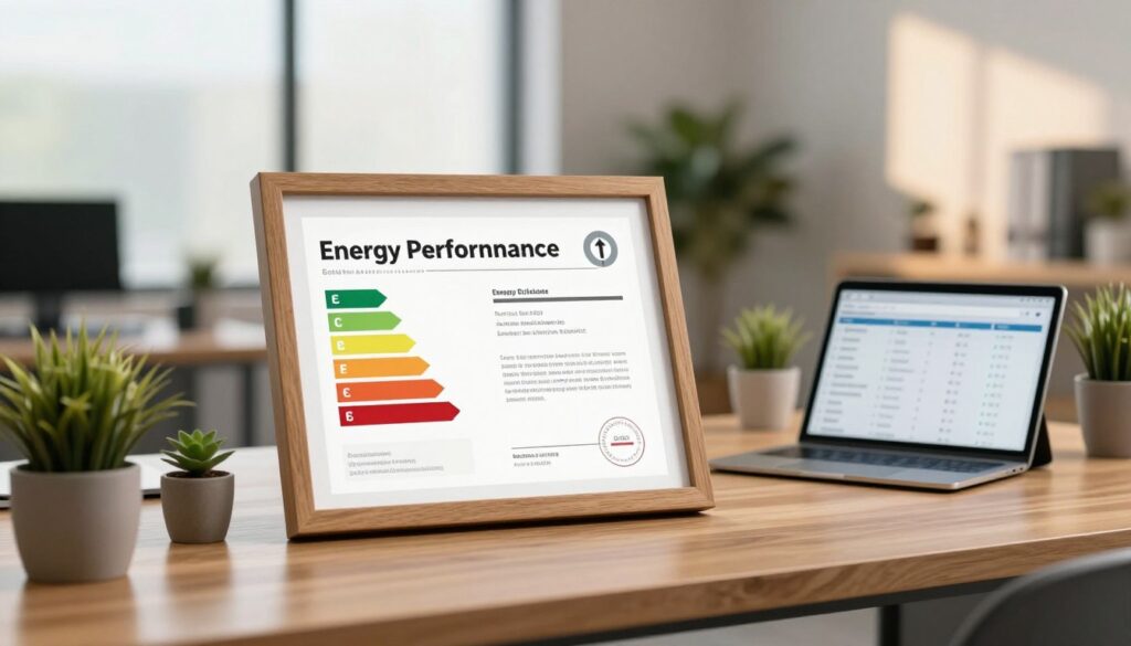 A detailed energy performance certificate displayed prominently on a stylish wooden desk. The certificate features sections highlighting energy efficiency ratings and building details, elegantly framed. Surrounding the desk are small potted plants and a digital tablet showing related housing data. In the background, an office environment with soft natural lighting filters through large windows, casting a warm glow. The scene is filled with a professional atmosphere, conveying the importance of energy efficiency in buildings. Use a slight depth of field to keep the certificate in sharp focus while softly blurring the background. The mood should be informative and contemporary, suitable for an article discussing building energy performance assessments. A detailed energy performance certificate displayed prominently on a stylish wooden desk. The certificate features sections highlighting energy efficiency ratings and building details, elegantly framed. Surrounding the desk are small potted plants and a digital tablet showing related housing data. In the background, an office environment with soft natural lighting filters through large windows, casting a warm glow. The scene is filled with a professional atmosphere, conveying the importance of energy efficiency in buildings. Use a slight depth of field to keep the certificate in sharp focus while softly blurring the background. The mood should be informative and contemporary, suitable for an article discussing building energy performance assessments.