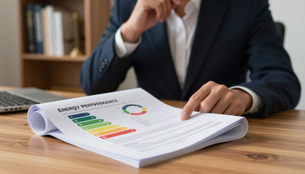 A detailed energy performance certificate, prominently displayed in the foreground, is partially rolled open on a sleek wooden desk. The certificate features colorful graphics and bar graphs illustrating energy efficiency ratings. In the middle, a professional-looking individual wearing business attire examines the document, with a contemplative expression, symbolizing the importance of energy compliance. Soft, ambient lighting highlights the scene, creating a warm and inviting atmosphere, while a blurred bookshelf with legal and real estate books forms the background, suggesting a professional context. This composition emphasizes the significance of energy performance documents in real estate transactions, particularly in relation to seller obligations.