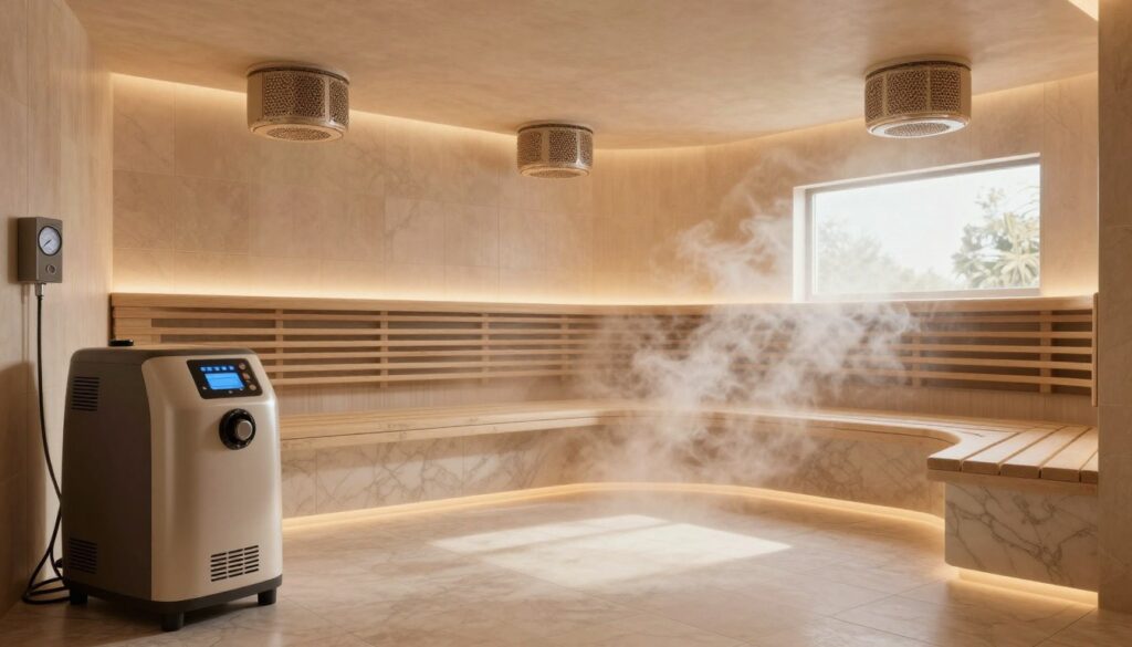 A detailed illustration of a modern steam bath (łaźnia parowa) showcasing its technical requirements. In the foreground, display sleek and contemporary equipment like steam generators, control panels, and temperature gauges. The middle layer should feature a spacious, tiled steam room with marble benches and intricate ventilation systems that highlight air circulation. Soft steam clouds fill the air, creating a calming atmosphere. In the background, a large window allows natural light to filter in, illuminating the room with a warm glow. The lighting should be soft, enhancing the tranquil mood. Use a wide-angle lens perspective to capture the spaciousness of the steam room, ensuring all technical elements are clearly visible. The image conveys a balance of luxury and functionality, emphasizing the unique features of a steam bath.