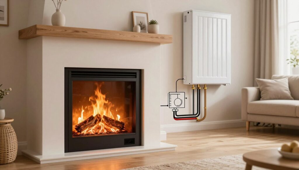 A detailed illustration of a modern water jacket fireplace installed in a cozy living room, showcasing its integration with other heating sources. In the foreground, the fireplace is elegantly designed with sleek lines and a glass front, emitting a warm glow that illuminates the space. In the middle, a schematic diagram hints at connections to a central heating system, with visible pipes and radiators nearby. The background features a tastefully decorated room with natural wood accents and soft furnishings, creating a welcoming atmosphere. The lighting is soft and warm, accentuating the fireplace’s flame, while showcasing the technical aspects of the installation. The scene conveys a sense of warmth and comfort, ideal for a home heating solution.