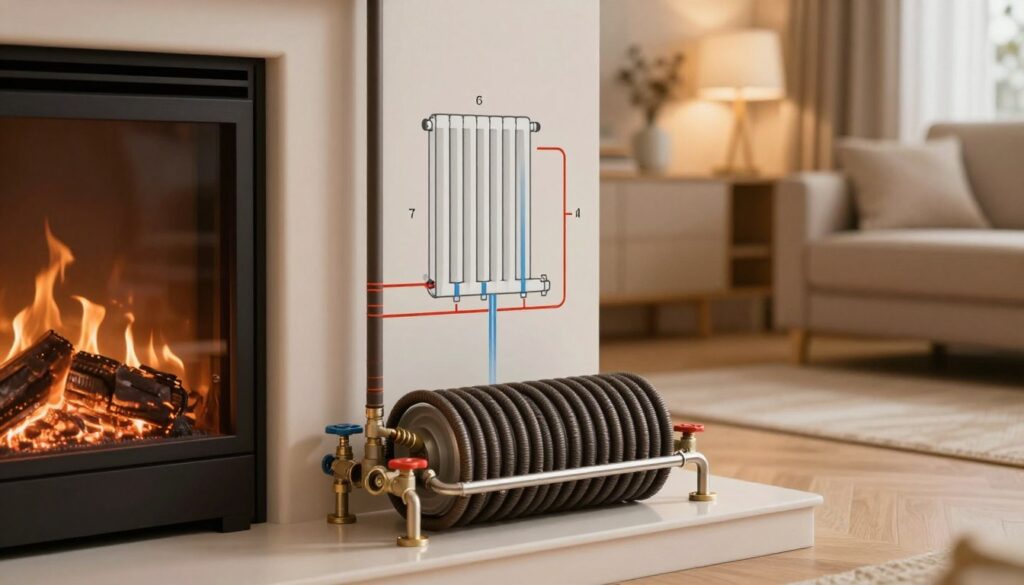 A detailed illustration of a water jacketed fireplace installation, showcasing its inner workings and benefits. In the foreground, a neatly arranged fireplace with visible water jacket coils, surrounded by modern piping and valves. The middle ground features a schematic diagram highlighting the flow of water through the system, showing heat exchange and radiators connected to it. The background has a cozy living room setting with warm lighting, emphasizing the comfort provided by this heating system. The atmosphere should be inviting and technical, with a focus on clarity and functionality, using a soft focus effect to enhance the warmth while retaining sharp details of the fireplace installation. The image should not include any text or annotations.